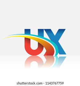 initial letter UX logotype company name colored red and blue and swoosh design. vector logo for business and company identity.
