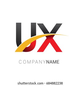 initial letter UX logotype company name colored red, black and yellow swoosh design. isolated on white background.
