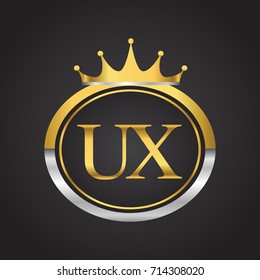 initial letter UX logotype company name with oval shape and crown, gold and silver color. vector logo for business and company identity.