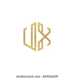 Initial letter UX, minimalist line art hexagon shape logo, gold color