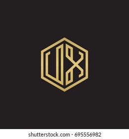 Initial letter UX, minimalist line art hexagon logo, gold color on black background