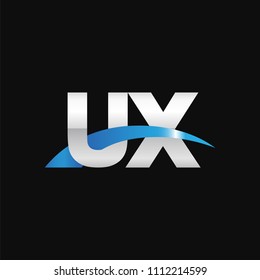 Initial letter UX, overlapping movement swoosh logo, metal silver blue color on black background