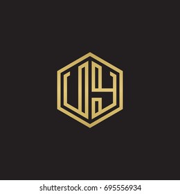 Initial letter UY, minimalist line art hexagon logo, gold color on black background