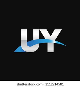 Initial letter UY, overlapping movement swoosh logo, metal silver blue color on black background