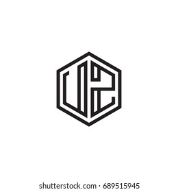Initial letter UZ, minimalist line art monogram hexagon logo, black color