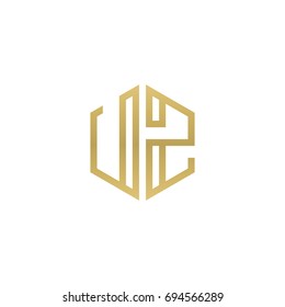 Initial letter UZ, minimalist line art hexagon shape logo, gold color