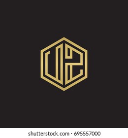Initial letter UZ, minimalist line art hexagon logo, gold color on black background