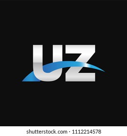 Initial letter UZ, overlapping movement swoosh logo, metal silver blue color on black background