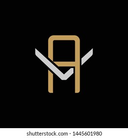 Initial letter V and A, VA, AV, overlapping interlock logo, monogram line art style, silver gold on black background