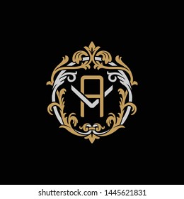 Initial letter V and A, VA, AV, decorative ornament emblem badge, overlapping monogram logo, elegant luxury silver gold color on black background
