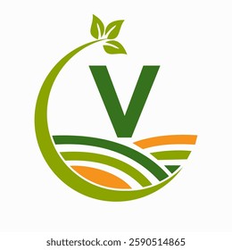 Initial Letter V Agriculture And Farming Logo Combine With Field and Leaf Symbol