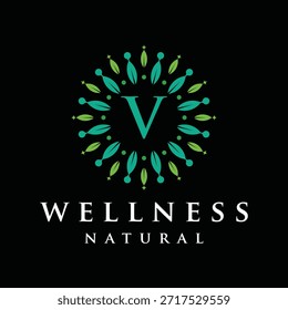 Anfangsbuchstabe V Alphabet Wellness, grün, Blätter, natürlich, Gesundheit, organisch, Logo-Design, Kreisblatt Natur Grafik Vektorvorlage