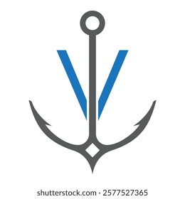 Initial Letter V Anchor Logo Design Concept For Boat, Ship, Yacht, Nautical Transport Symbol