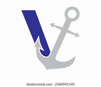 Initial Letter V Anchor Logo Design Concept For Boat, Ship, Yacht, Nautical Transport Symbol