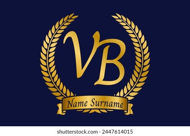 Initial letter V and B, VB monogram logo design with laurel wreath. Luxury golden calligraphy font.