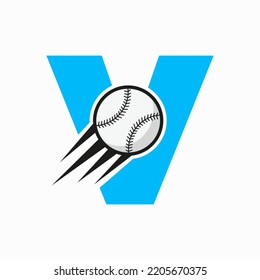 Initial Letter V Baseball Logo Concept With Moving Baseball Icon Vector Template