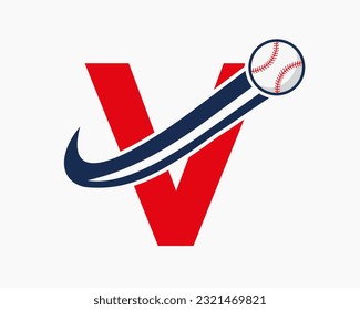 Initial Letter V Baseball Logo Concept With Moving Baseball Icon Vector Template