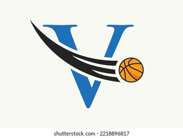 Initial Letter V Basketball Logo Concept With Moving Basketball Icon. Basket Ball Logotype Symbol Vector Template