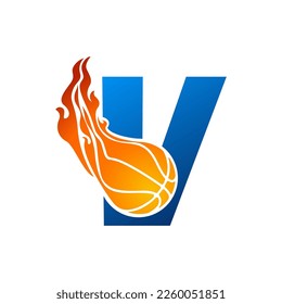 Initial Letter V Basketball Logo Concept with fireball