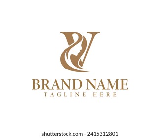 Initial letter V beauty women face logo design. Unique and luxury feminine vector illustration.