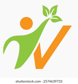 Initial Letter V Bio or Healthcare Logo Design Concept With Human And Green Leaf Symbol