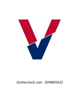 Letra inicial V con logotipo azul y rojo. Formas geométricas Estilo de corte aislado en fondo blanco