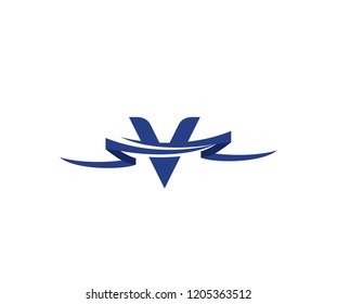 Initial Letter V with Blue Ribbon Swoosh Shape Logo