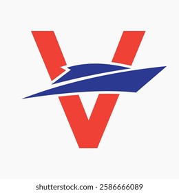 Initial Letter V Boat Logo Concept For Sailor Symbol Vector Template