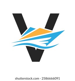 Initial Letter V Boat Logo Concept For Sailor Symbol Vector Template