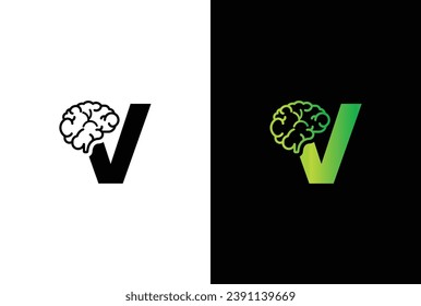 Initial letter V brain logo and icon vector illustration template design. Letter V Brain Idea Logo.