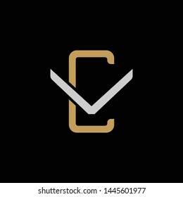 Initial letter V and C, VC, CV, overlapping interlock logo, monogram line art style, silver gold on black background