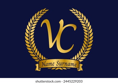 Initial letter V and C, VC monogram logo design with laurel wreath. Luxury golden calligraphy font.