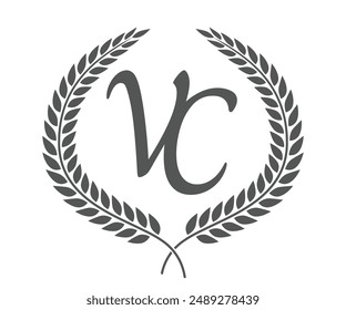 Letra inicial V y C, diseño del logotipo del monograma VC con corona de laurel. Fuente de caligrafía de lujo.