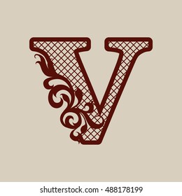 Initial letter V. Carved openwork pattern. Template can be used for interior design, greeting and wedding cards, invitations, etc. Picture suitable for laser or plotter cutting stencils or printing