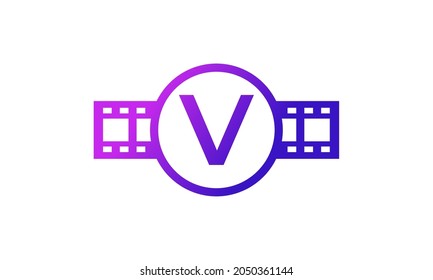 Initial Letter V Circle with Reel Stripes Filmstrip for Film Movie Cinema Production Studio Logo Inspiration