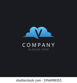 Initial letter V in cloud chat with modern blue color
