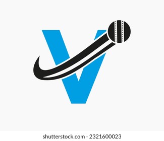 Initial Letter V Cricket Logo Concept With Moving Ball Icon For Cricket Club Symbol. Cricketer Sign