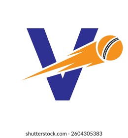 Initial Letter V Cricket Sports Logo Design With Speed Symbol. Cricket Ball Logo For Academy and Club Sign