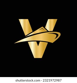 Icono del logotipo del barco de crucero de la carta inicial V. Símbolo de yate, logotipo marino