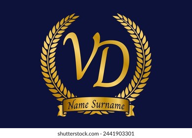 Initial letter V and D, VD monogram logo design with laurel wreath. Luxury golden calligraphy font.