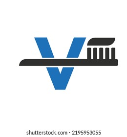 Initial Letter V Dental Logo Combine With Tooth Brush Symbol Template