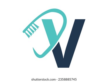 Letra Inicial V Logotipo Dental Combinado Con Símbolo De Cepillo Diente. Diseño vectorial del logotipo de cuidado dental