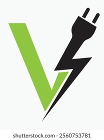 Initial Letter V Electric Logo Concept With Power and Electric Plug Symbol Vector Template