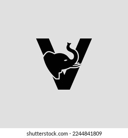 Initial letter V with elephant shape line art. Modern Elephant V Letter Alphabet Logo Design.