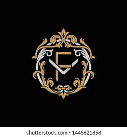 Initial letter V and F, VF, FV, decorative ornament emblem badge, overlapping monogram logo, elegant luxury silver gold color on black background
