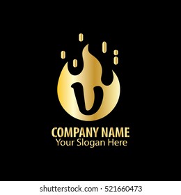 Initial Letter V  With Fire Logo Gold