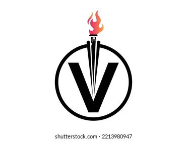 Initial Letter V Fire Torch Concept With Fire and Torch Icon Vector Symbol. Modern vector logo for Fire Torch business, and company identity.