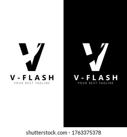 Initial letter V flash logo vector design template. Black and white letter with negative space isolated on white and black background. Can be used for company logo or symbol