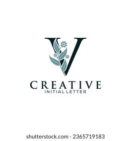 Initial Letter V and Floral Logo vector, Botanical Minimalistic Letter Feminine Logo design template