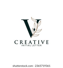 Initial Letter V and Floral Logo vector, Botanical Minimalistic Letter Feminine Logo design template